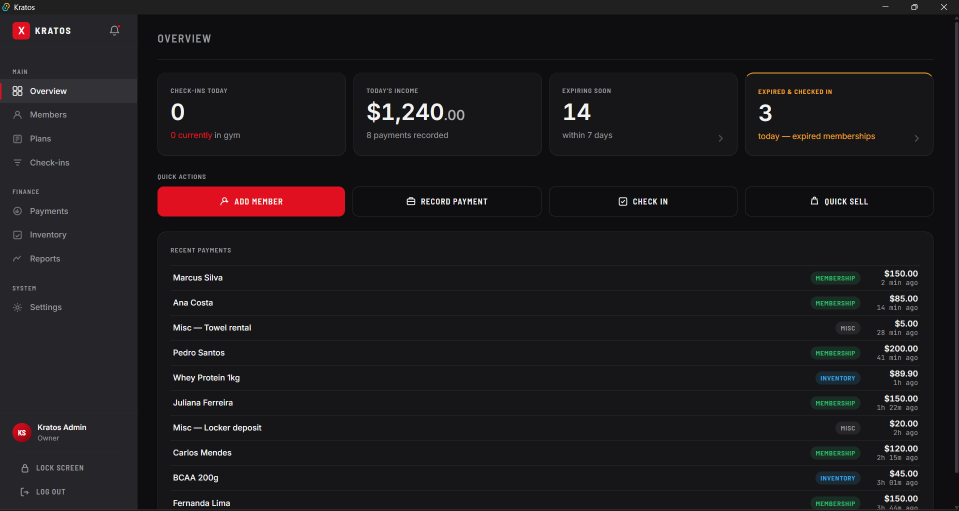 Kratos gym management system — screen one