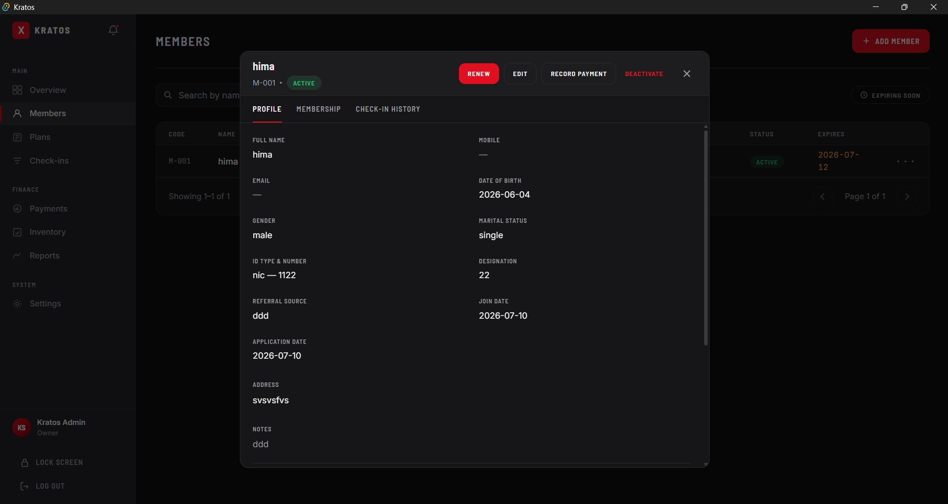 Kratos gym management system — screen two