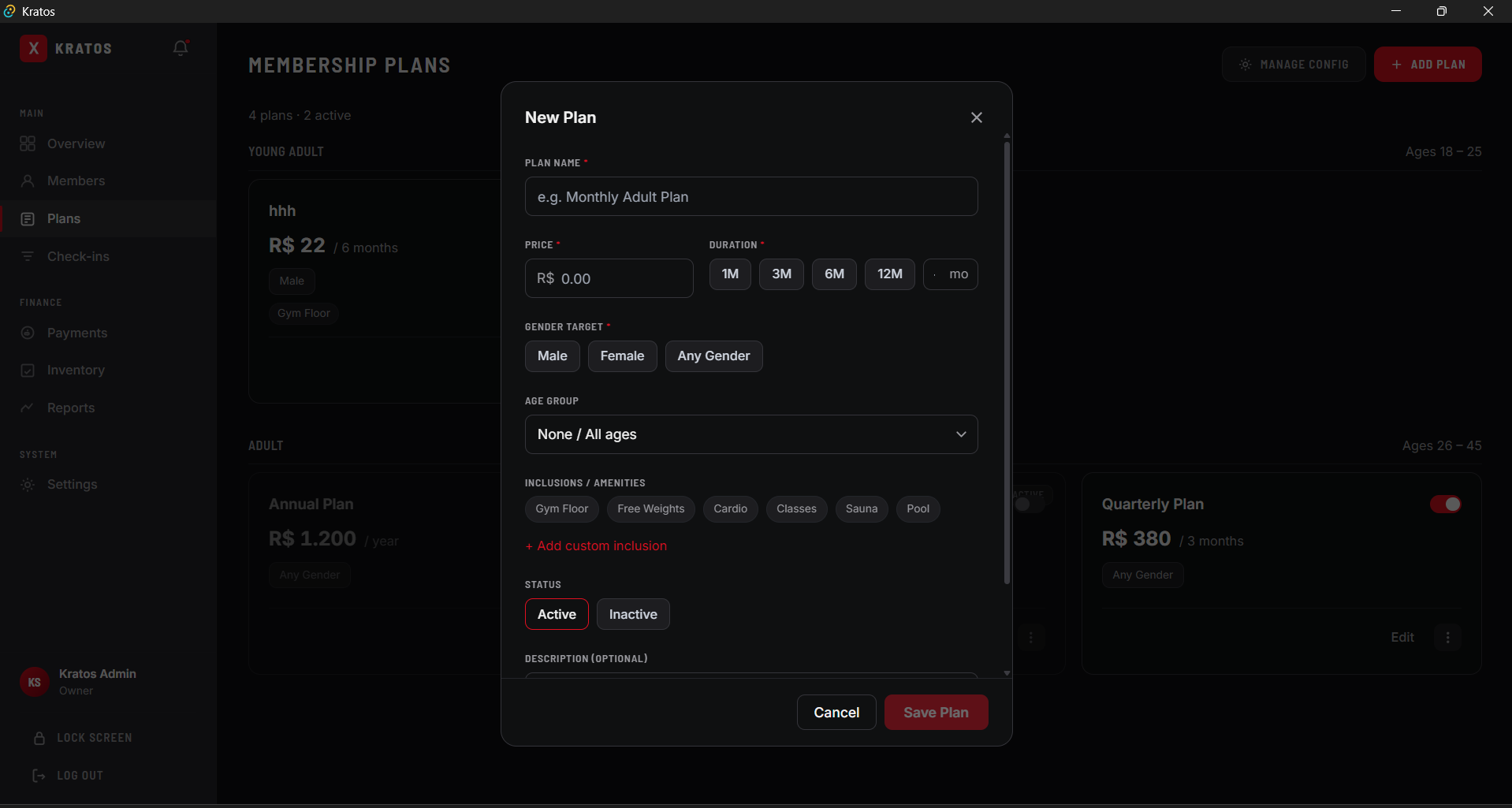 Kratos gym management system — screen three