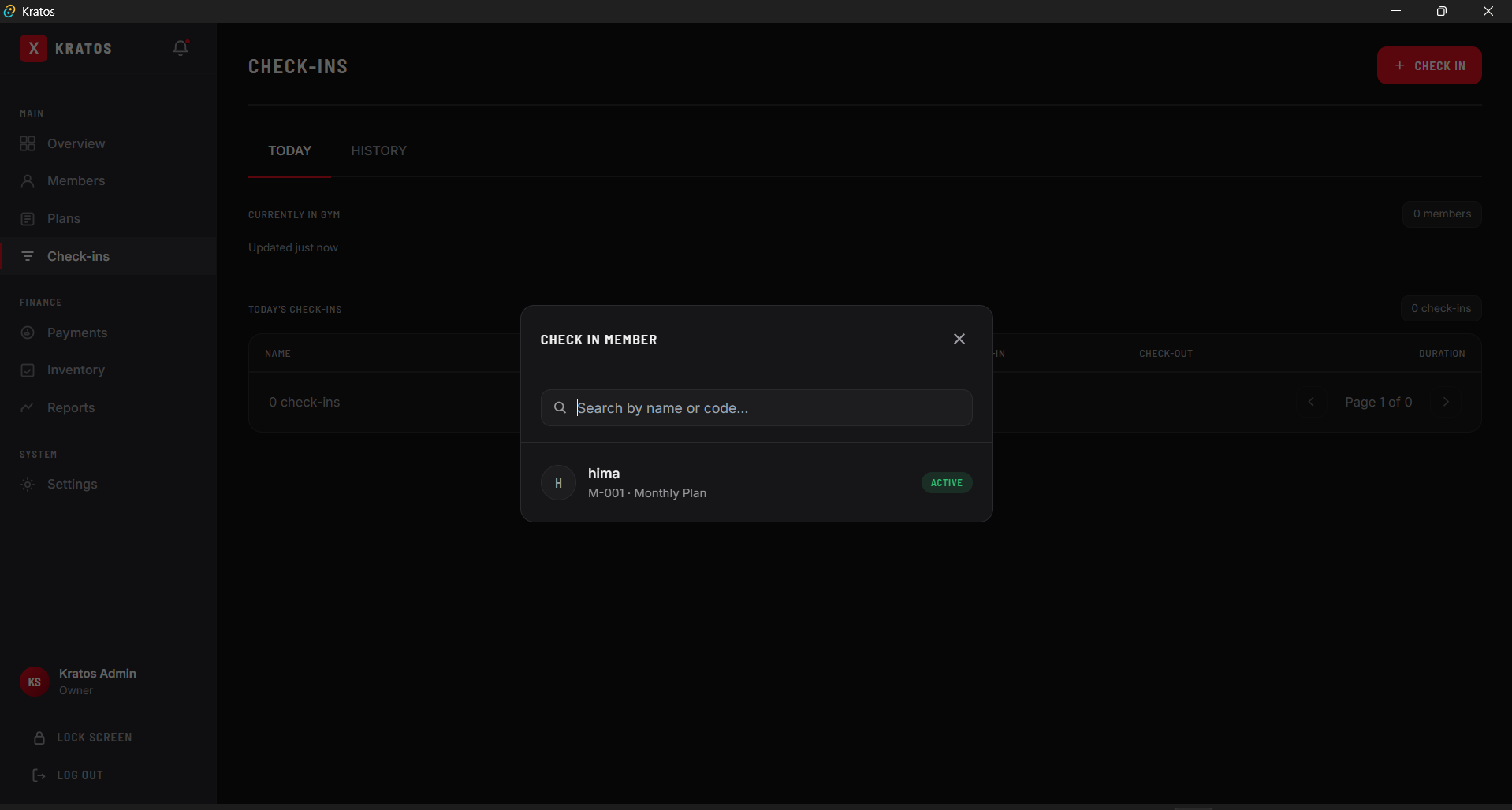 Kratos gym management system — screen four